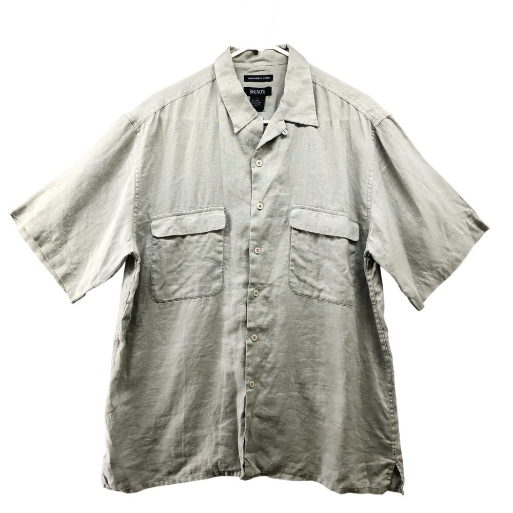 Bruno Washable Linen‎ Shirt Mens L Sage Green Utility Short Sleeve Chest Pocket